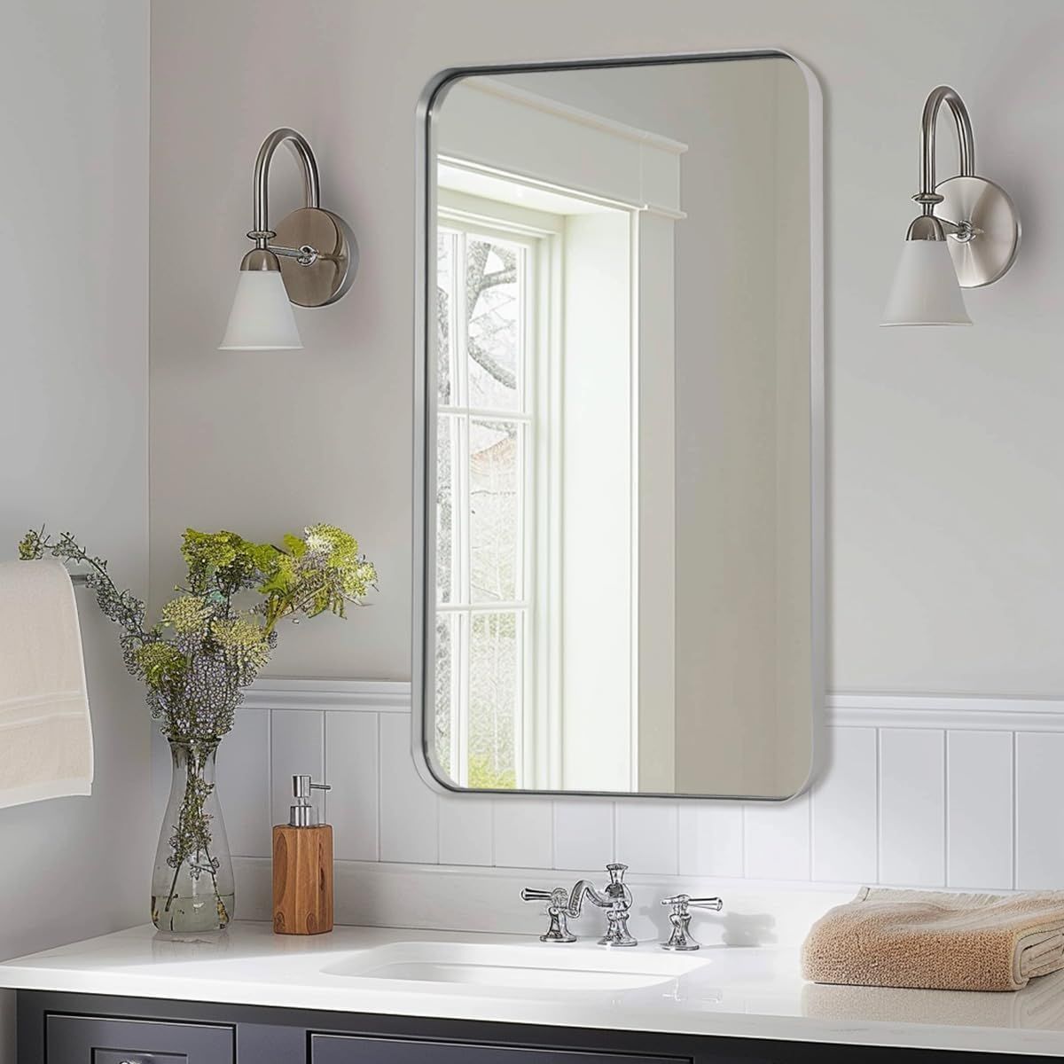 24"x40" Brushed Nickel Rounded Corner Rectangle Mirror, Metal Frame