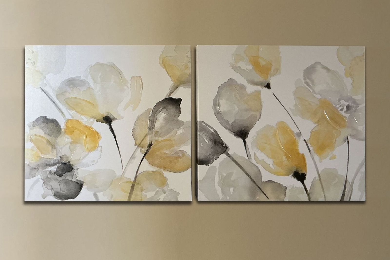 Set of 2 Floral Canvas Wall Art – Mustard/Yellow Tones, 16x16