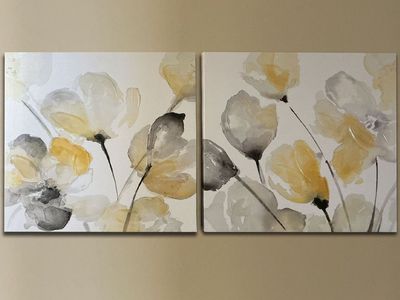 Set of 2 Floral Canvas Wall Art – Mustard/Yellow Tones, 16x16