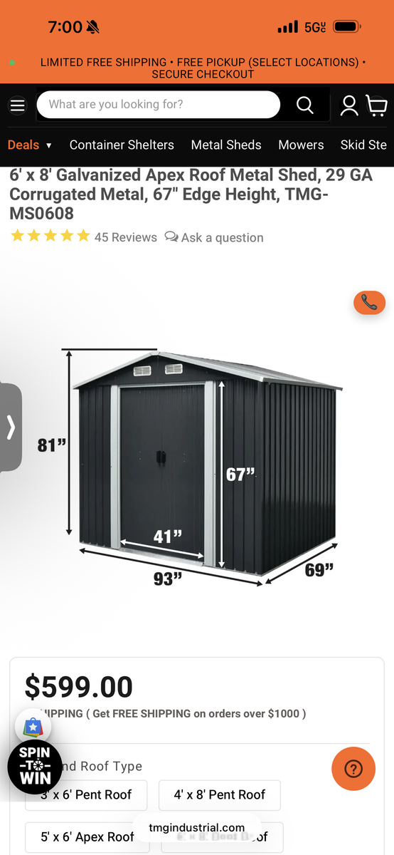 TMG 6 x 8 ft metal shed brand new