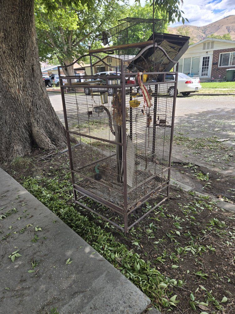 Large Metal Bird Cage with Play Top and Accessories - Used Condition