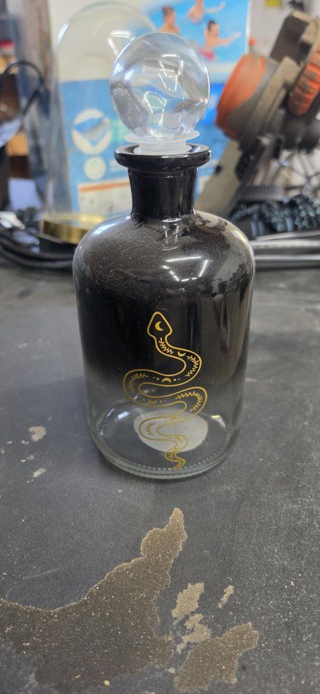 Decorative Glass Bottle with Snake Design & Stopper, Black/Clear, 5"