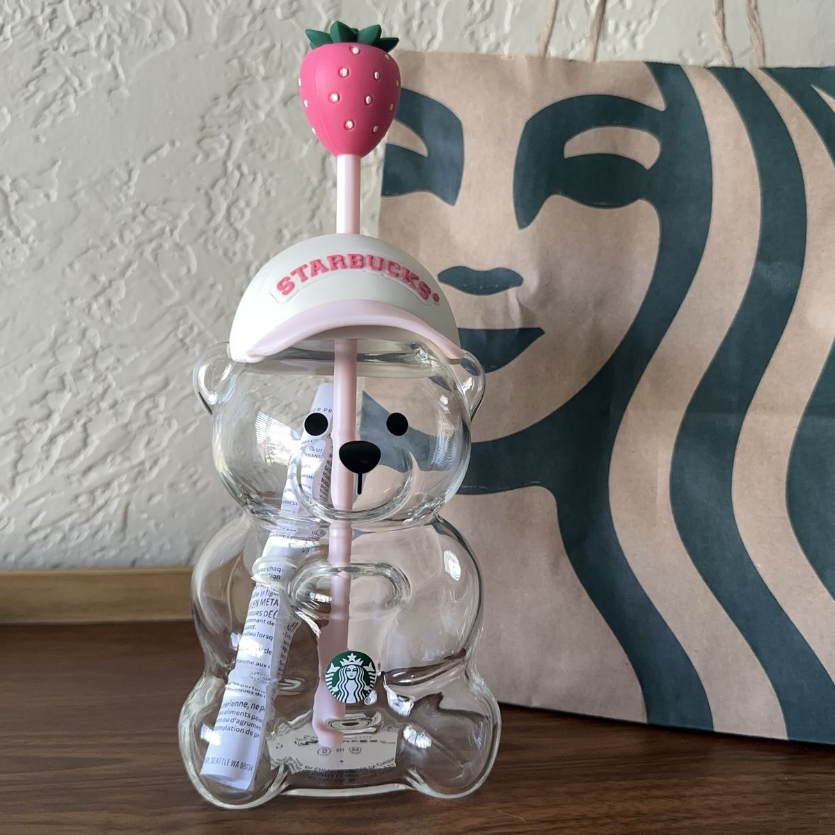 Starbucks Pink Bear Bearista Glass Cup 2026 Strawberry Baseball Cap Hat