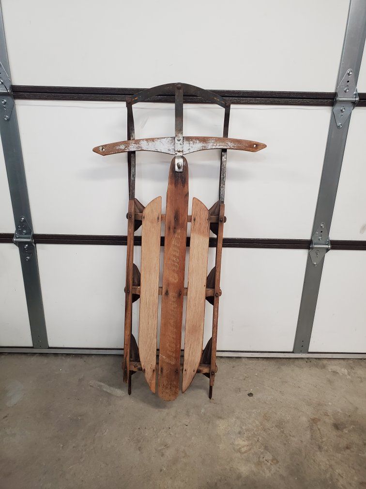 Vintage Wooden Snow Sled with Metal Runners