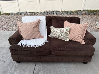 Brown Fabric Upholstered Two-Cushion Loveseat Couch