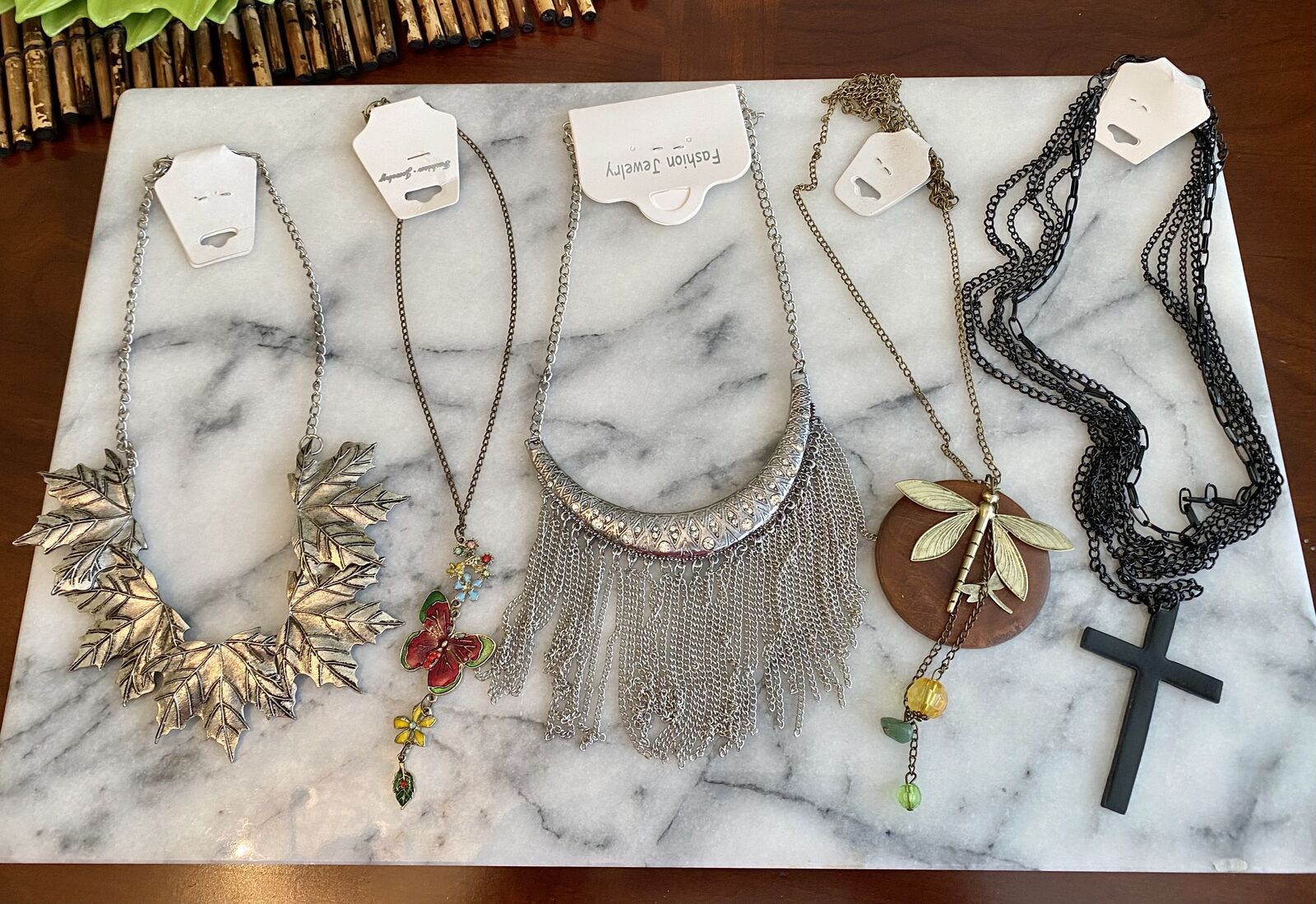 NEW - 5 Necklaces Leaves-Enamel Butterfly- Silver Fringe-Wood + Dragonfly- MultiChain Cross - C PIX