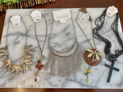 NEW - 5 Necklaces Leaves-Enamel Butterfly- Silver Fringe-Wood + Dragonfly- MultiChain Cross - C PIX