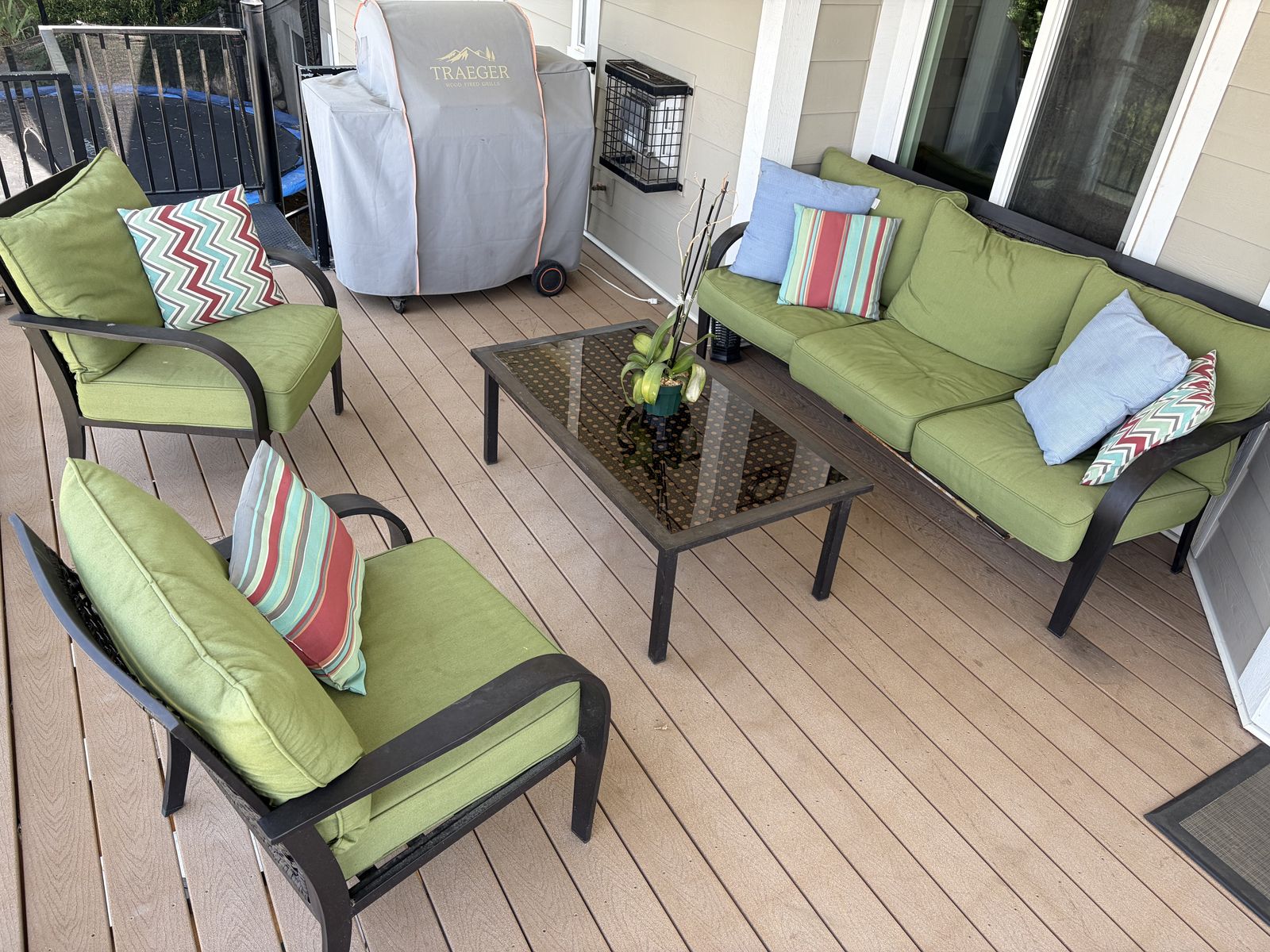 4-Piece Outdoor Patio Conversation Set – Sofa, 2 Chairs and Glass Table