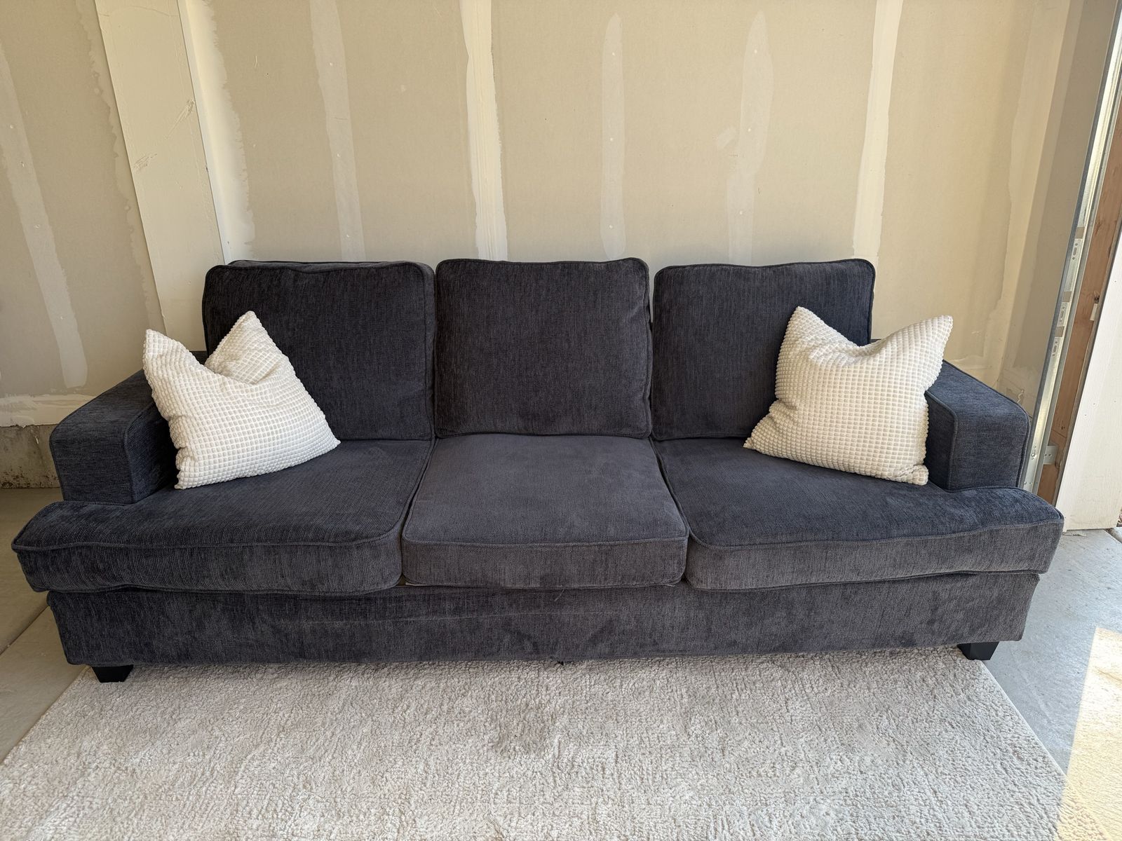 Charcoal Grey Fabric Sofa Couch with 3 Cushions - Great Condition