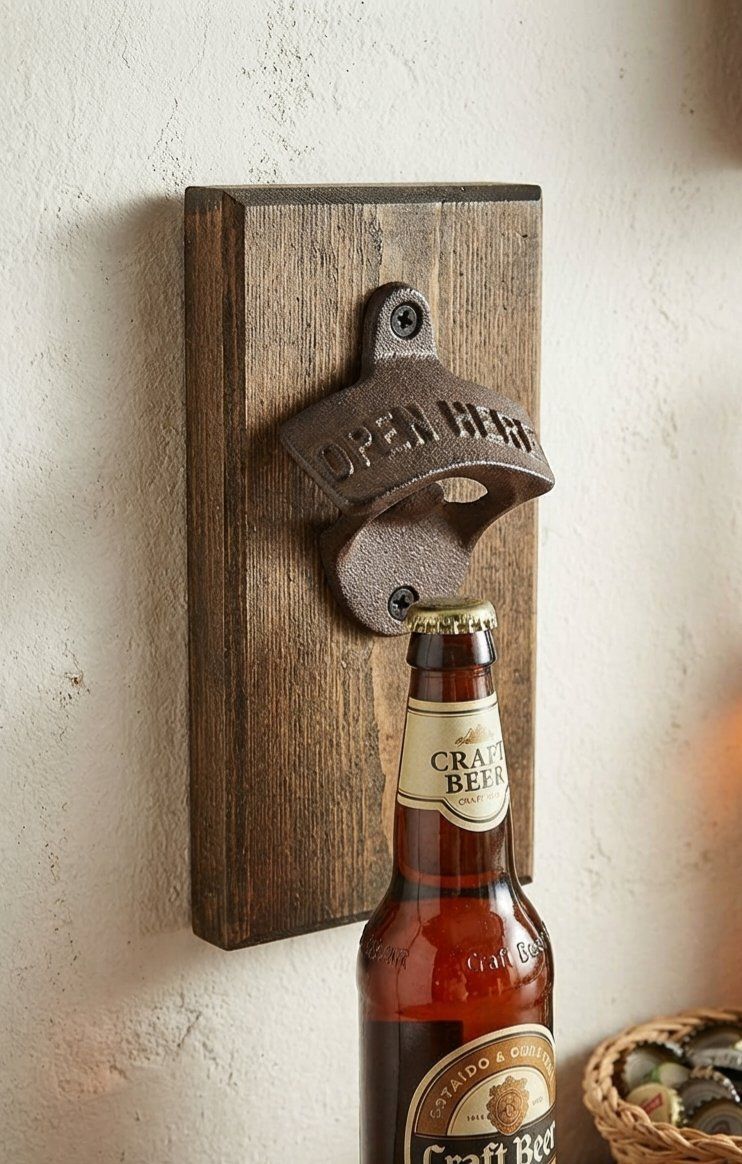 Dk Stained Wood + Cast Iron Bottle Opener Wall Hang w/ Invisible Magnet - handcrafted!! 