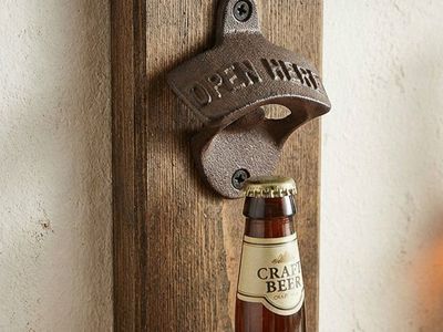 Dk Stained Wood + Cast Iron Bottle Opener Wall Hang w/ Invisible Magnet - handcrafted!!