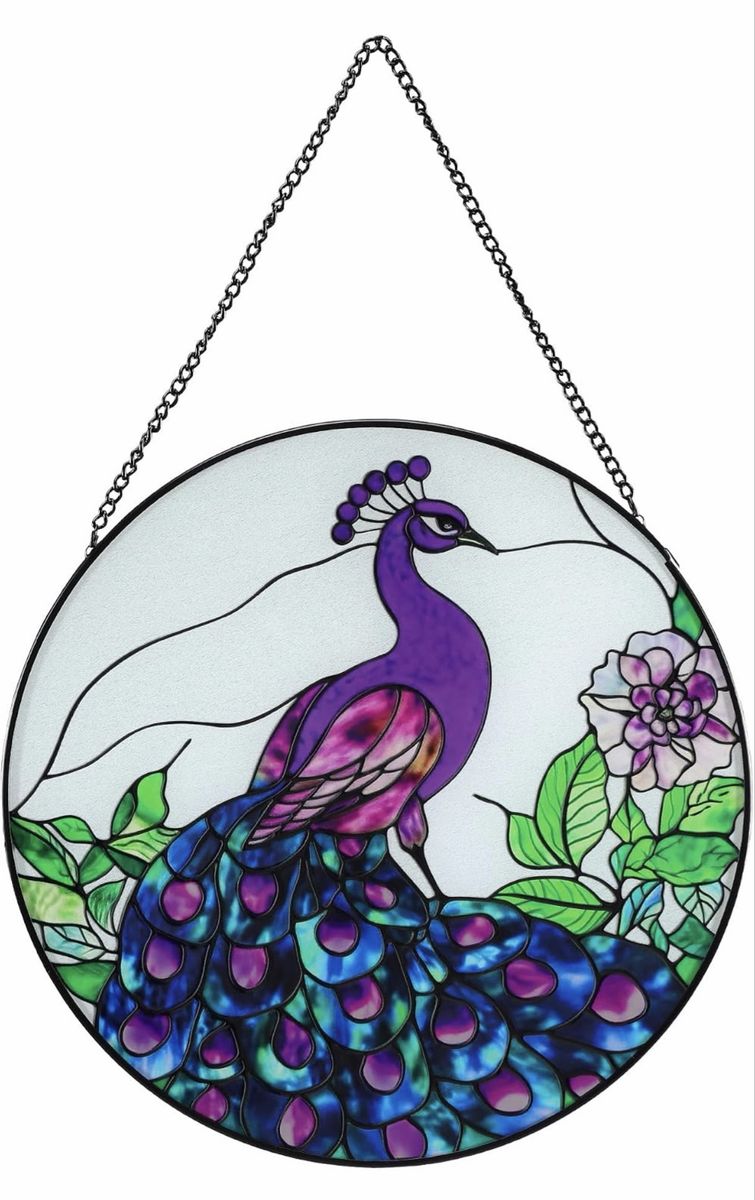 Stained Glass Peacock Window Hanging Sun Catcher 9.45" Round Suncatcher