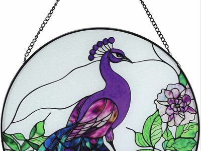 Stained Glass Peacock Window Hanging Sun Catcher 9.45" Round Suncatcher