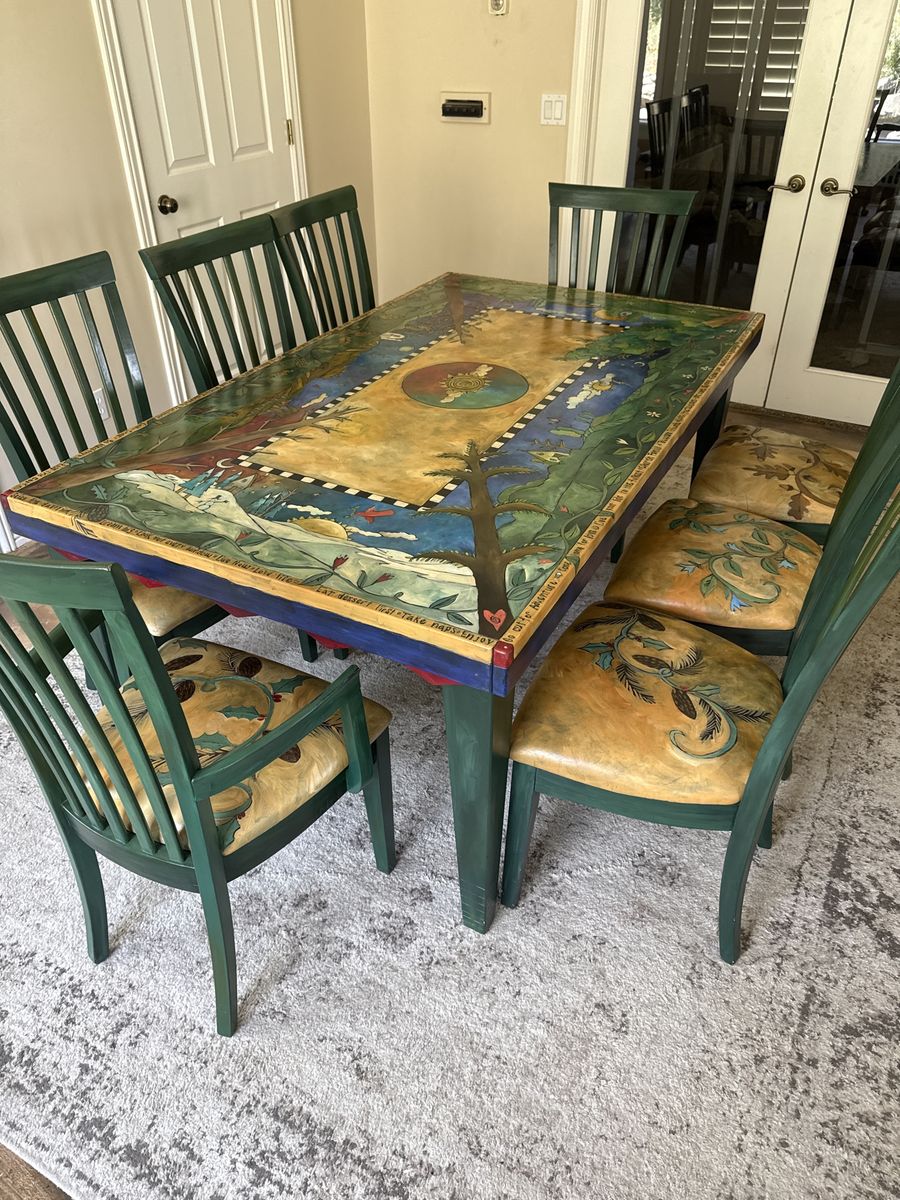 Unique Hand-Painted Dining Table & 6 Chairs - Artful Green & Multi-Color Set