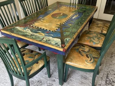 Unique Hand-Painted Dining Table & 6 Chairs - Artful Green & Multi-Color Set