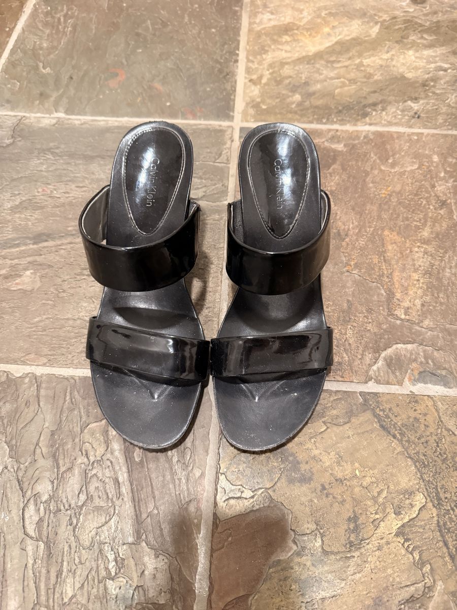 Calvin Klein Black Patent Leather Wedge Sandals, Women's Size 9