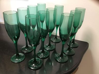 Vintage Set Of 11 Libbey Green Flutes