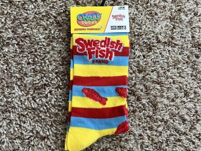 Crazy Socks Swedish Fish Crew Socks Men's Shoe Size 6-12 Fun Novelty Candy Striped