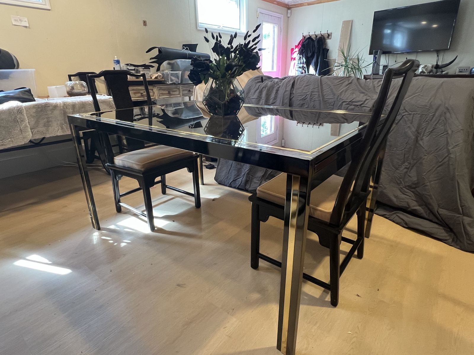 Vintage Expandable Smoked Glass Dining Table – Brass Detail – Very Large