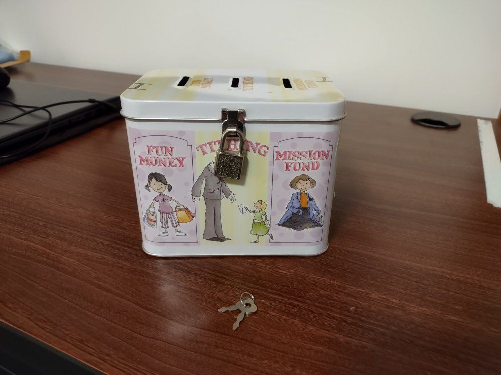 Kids Money Savings Bank Tin Box with Lock and Keys - Fun, Tithing, Mission Fund Design