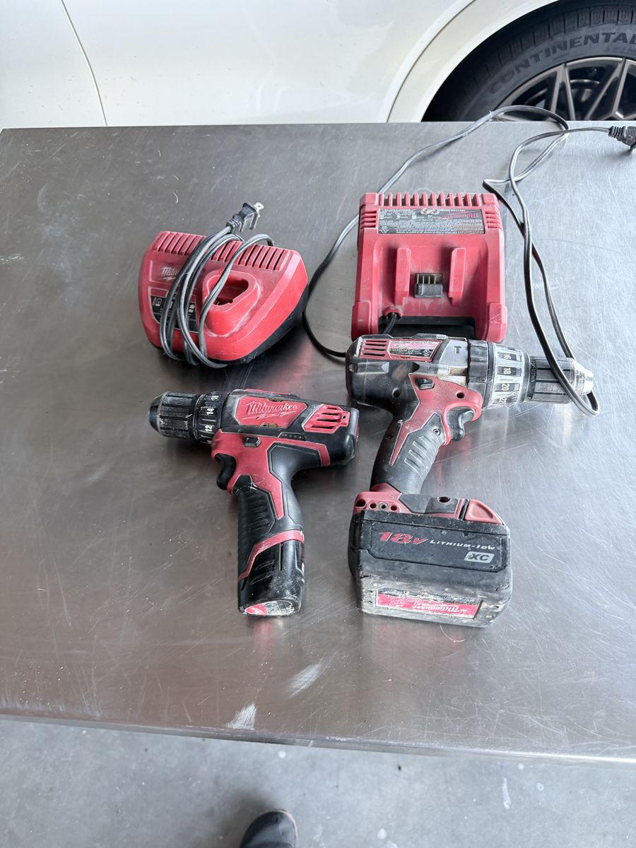M18 drill/charger/battery. M12 drill charger/battery