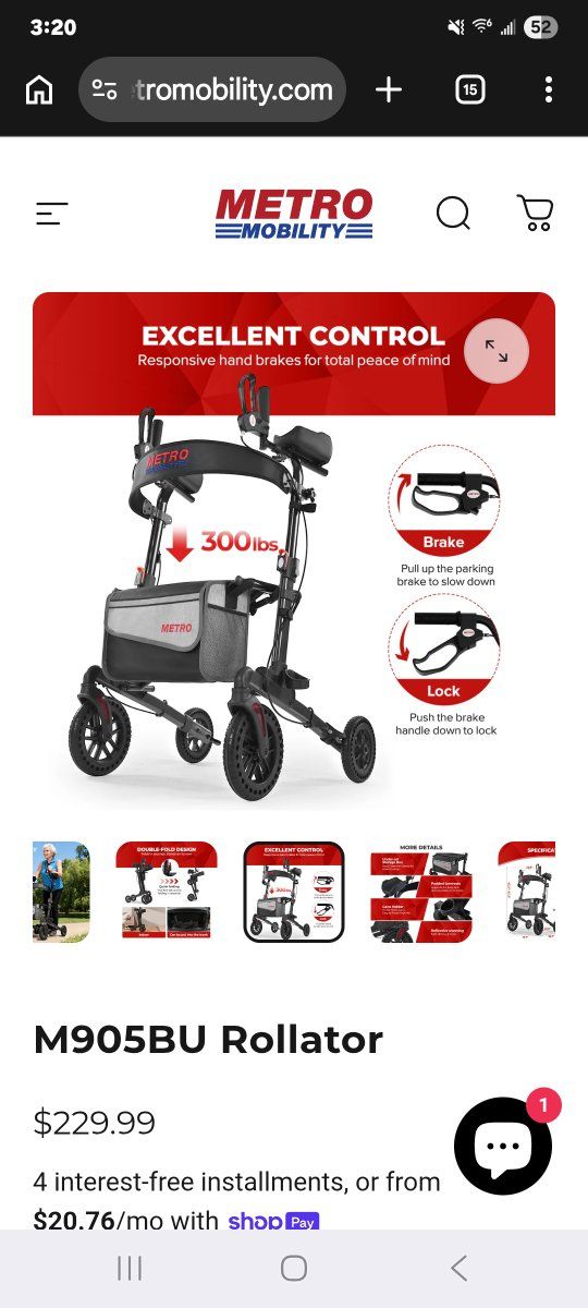 The Metro Mobility M905BU rollator walker