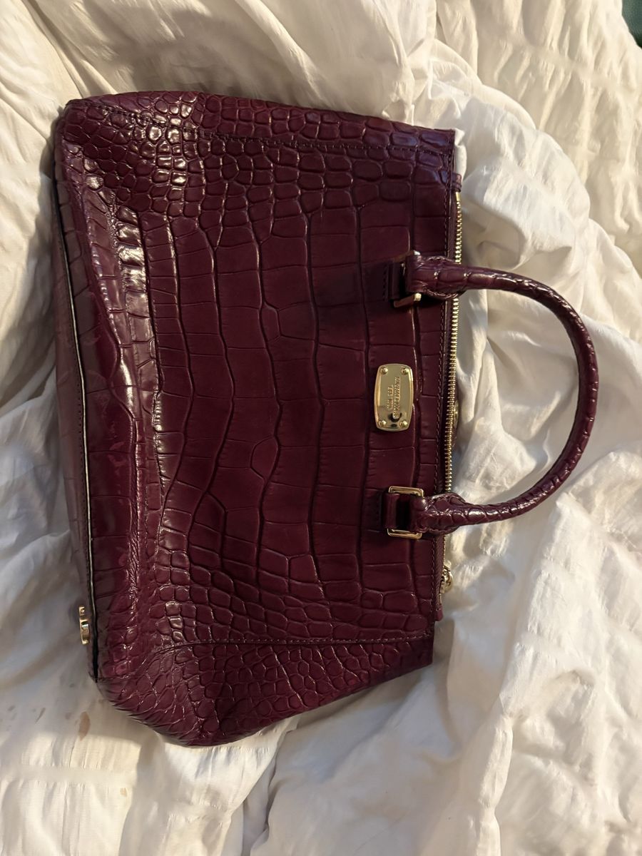 Michael Kors Croc Embossed Leather Satchel Bag Purse Burgundy Gold Hardware