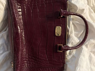 Michael Kors Croc Embossed Leather Satchel Bag Purse Burgundy Gold Hardware
