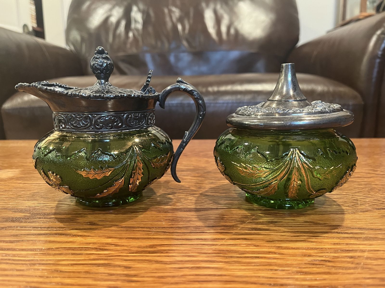 Delaware Green Glass Sugar and Creamer with Metal Lids - Set - Mint Condition