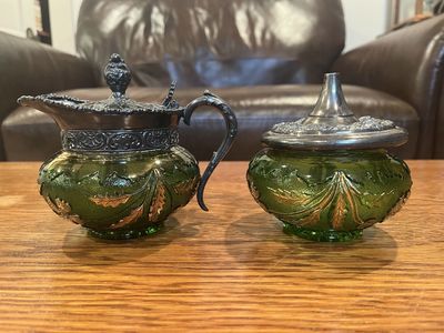 Delaware Green Glass Sugar and Creamer with Metal Lids - Set - Mint Condition
