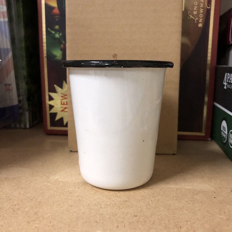 Vintage White Enamel ware Cup with Black Rolled Rim