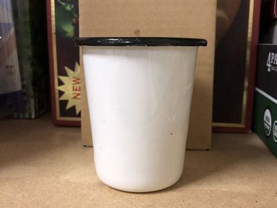 Vintage White Enamel ware Cup with Black Rolled Rim