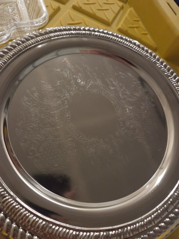 Vintage Engraved Round Silver Plated Serving Tray