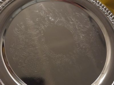 Vintage Engraved Round Silver Plated Serving Tray