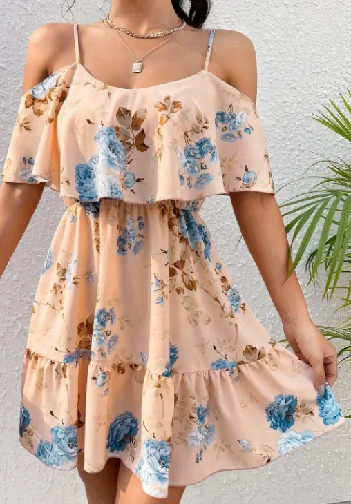 Romantic Flower Off-The-Shoulder Ruffle Strap Dress - M - NEW