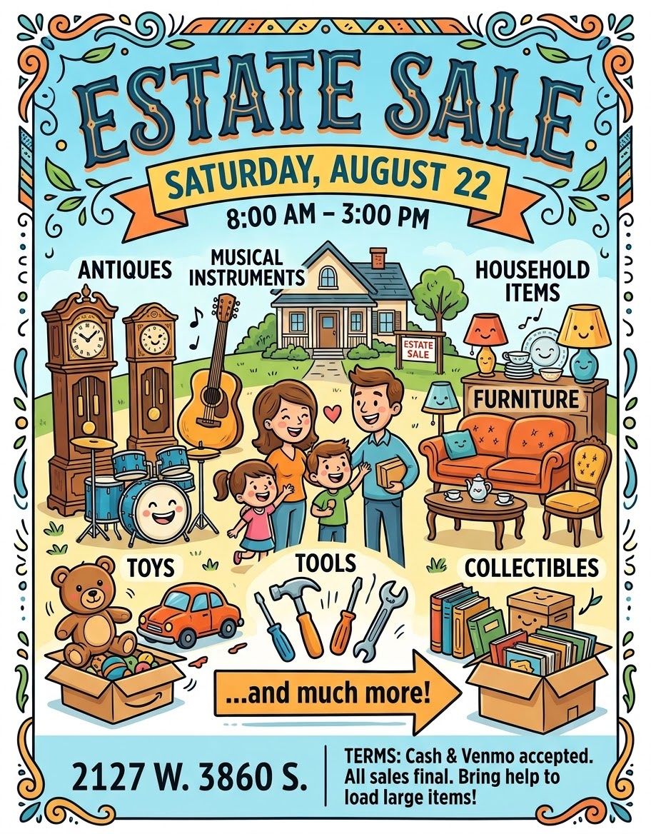 Huge Estate Sale on Saturday August 22nd  2127 West 3860 South, Taylorsville,Utah