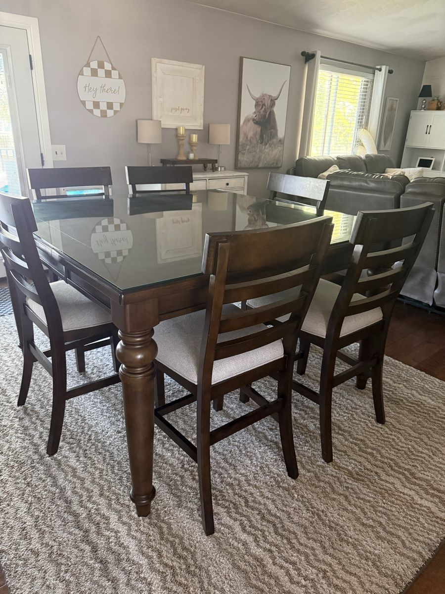 Large Square Wooden Dining Table Set with Glass Top and 8 Upholstered Chairs