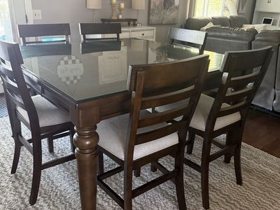 Large Square Wooden Dining Table Set with Glass Top and 8 Upholstered Chairs