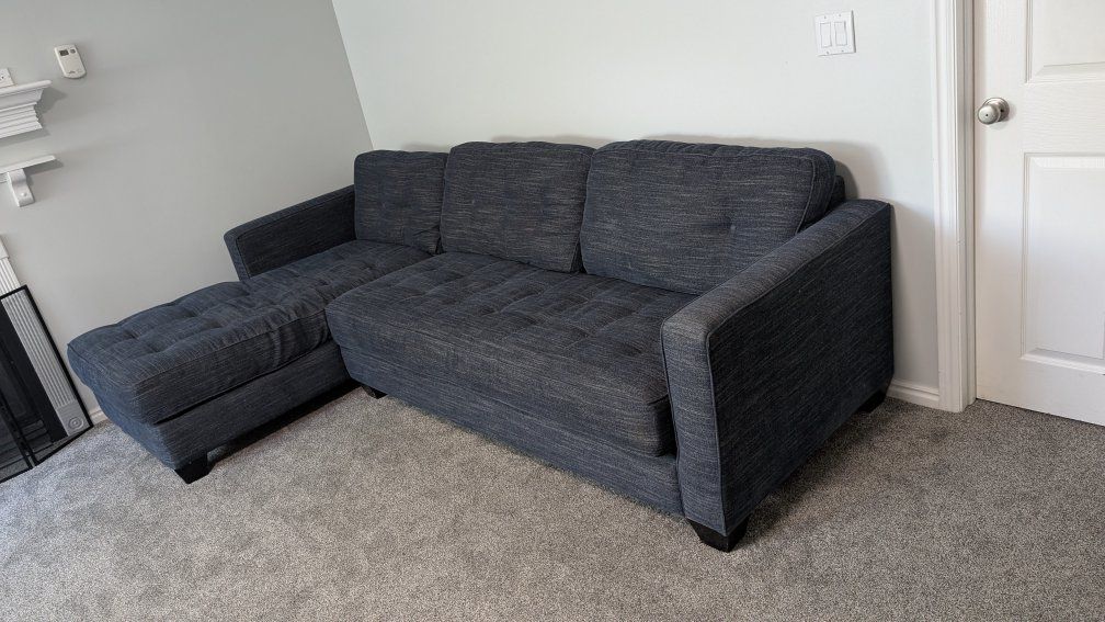 Large Blue Fabric Sectional Sofa Couch with Chaise - Minor Wear