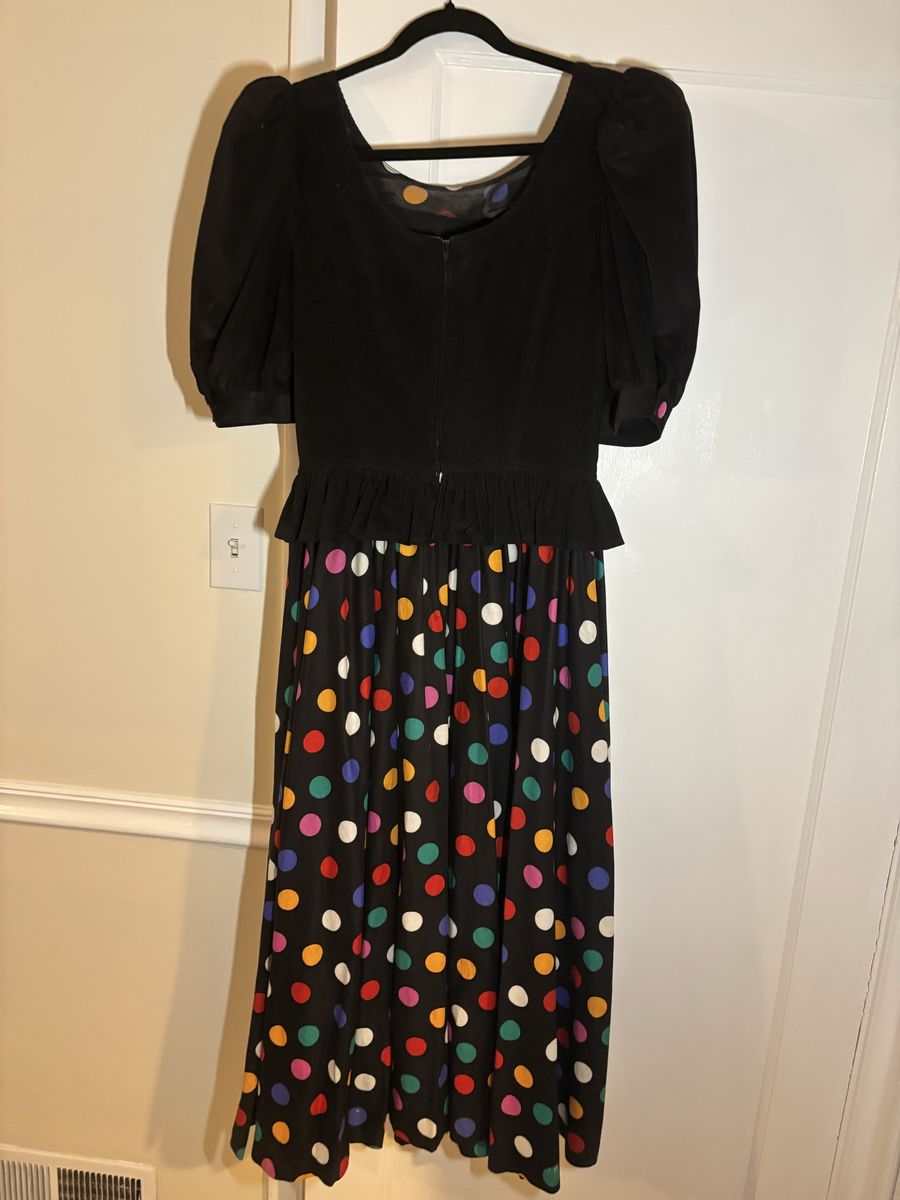 Vintage Style Black Velvet & Colorful Polka Dot Puff Sleeve Dress
