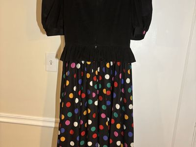 Vintage Style Black Velvet & Colorful Polka Dot Puff Sleeve Dress
