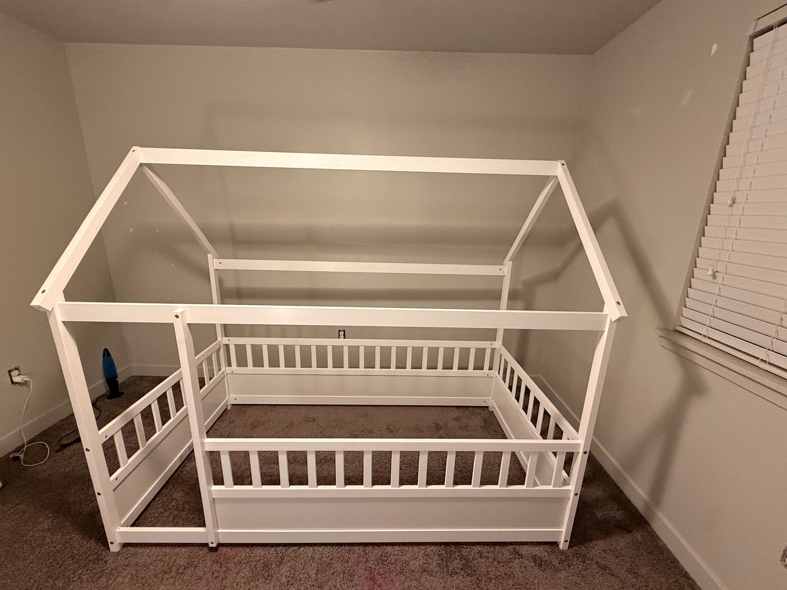 White Wooden House Bed Frame with Safety Guardrails