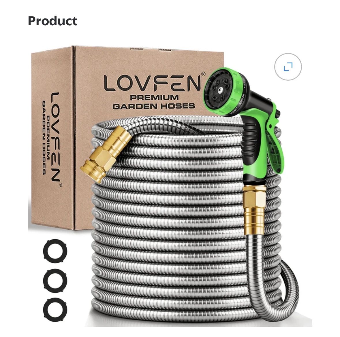 LOVFEN 50ft Stainless Steel Premium Garden Hose with Multi-Function Spray Nozzle