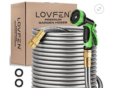 LOVFEN 50ft Stainless Steel Premium Garden Hose with Multi-Function Spray Nozzle