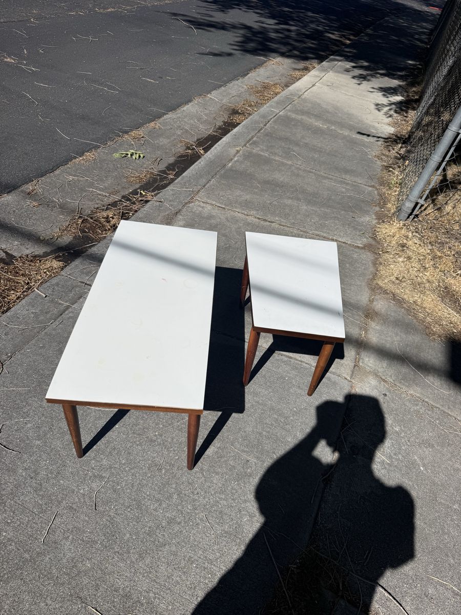 Vintage Mid-Century Modern White Top Wood Leg End Tables - Set of 2
