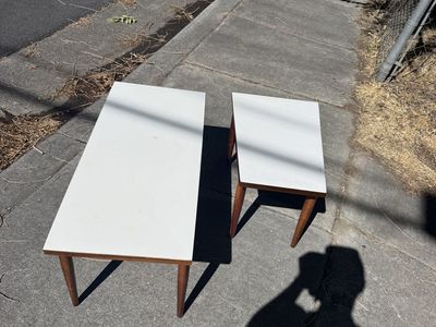 Vintage Mid-Century Modern White Top Wood Leg End Tables - Set of 2