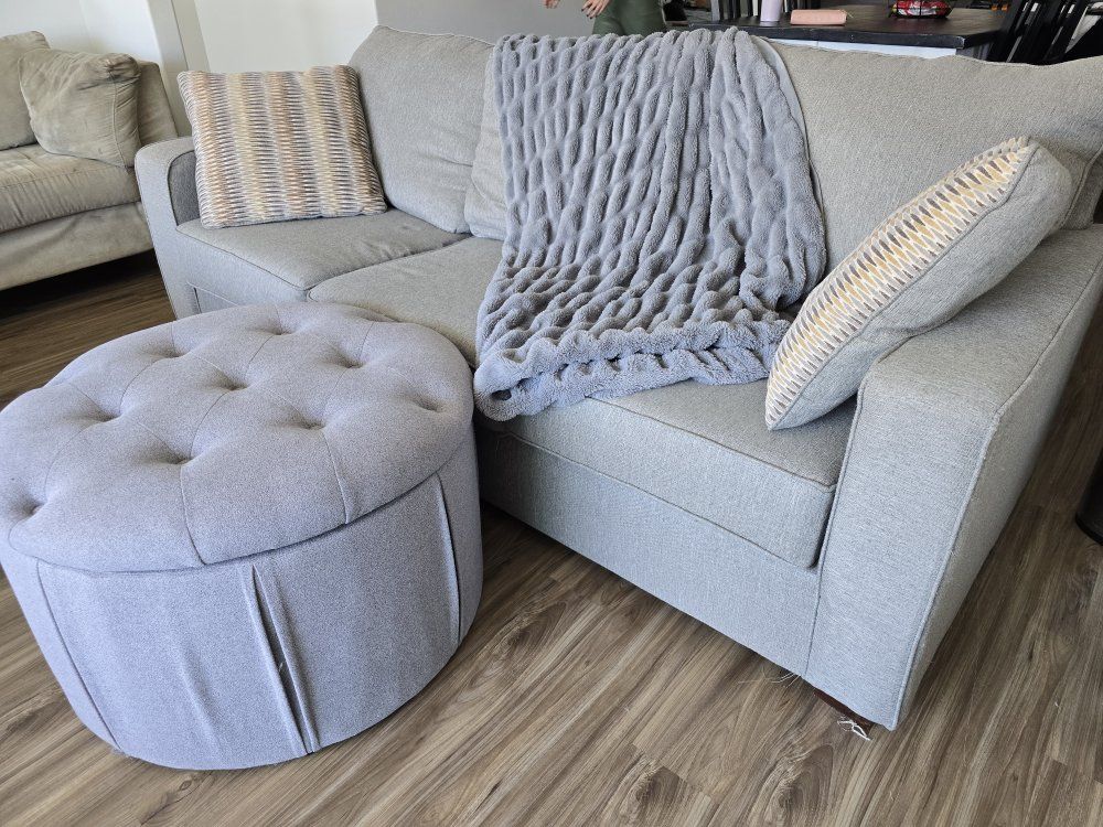 Light Gray Fabric Sofa Couch with Tufted Storage Ottoman and Throw Pillows