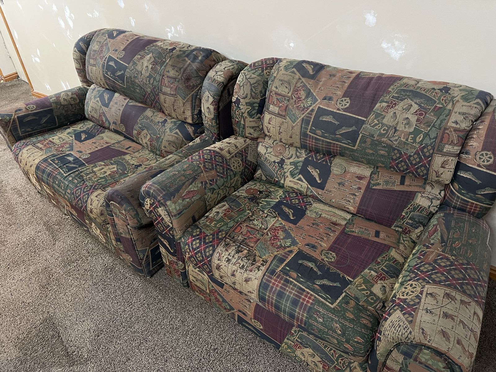 Upholstered Loveseat Couch with Patchwork Fishing/Plaid Pattern - Good Condition