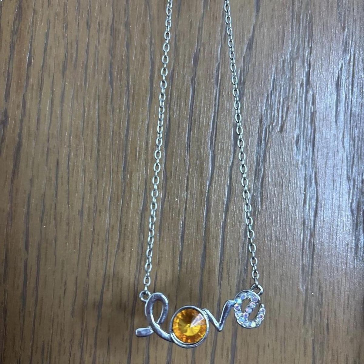 Silver Tone "Love" Pendant Necklace with Orange & Clear Gemstones