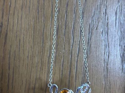Silver Tone "Love" Pendant Necklace with Orange & Clear Gemstones